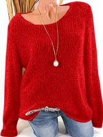 Low Round Collar Fashion Plain Long Sleeve Knit Pullover - thumbnail
