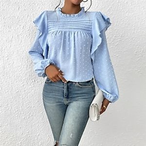 Women's Shirt Blouse Blue Plain Ruffle Long Sleeve Casual Fashion Round Neck Regular Fit Lantern Sleeve Spring   Fall Lightinthebox