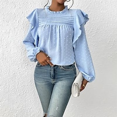 Women's Shirt Blouse Blue Plain Ruffle Long Sleeve Casual Fashion Round Neck Regular Fit Lantern Sleeve Spring   Fall Lightinthebox