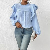Women's Shirt Blouse Blue Plain Ruffle Long Sleeve Casual Fashion Round Neck Regular Fit Lantern Sleeve Spring   Fall Lightinthebox - thumbnail