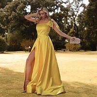 A-Line Minimalist Princess Prom Birthday Dress One Shoulder Sleeveless Sweep  Brush Train Satin with Bow(s) Slit Pure Color 2022 Lightinthebox - thumbnail