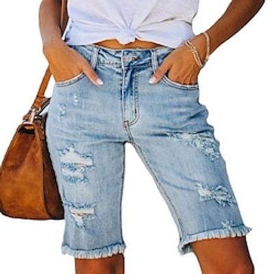 Women's Jeans Shorts Denim Blue Light Blue Mid Waist Fashion Casual Weekend Tassel Fringe Side Pockets Micro-elastic Knee Length Comfort Plain S M L XL XXL  Cut Out Lightinthebox