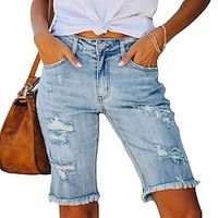 Women's Jeans Shorts Denim Blue Light Blue Mid Waist Fashion Casual Weekend Tassel Fringe Side Pockets Micro-elastic Knee Length Comfort Plain S M L XL XXL  Cut Out Lightinthebox - thumbnail