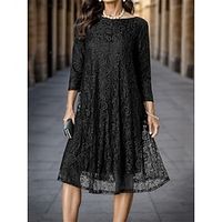 Women's Black Dress Casual Dress Lace Dress Midi Dress Lace Work Street Date Elegant Streetwear Crew Neck 34 Length Sleeve Loose Fit Black Color S M L XL XXL Size Lightinthebox - thumbnail
