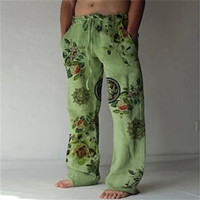 Men's Casual Fashion Straight Trousers 3D Print Elastic Drawstring Design Front Pocket Pants Casual Daily Graphic Prints Flower  Floral Comfort Soft Mid Waist Green White S M L XL XXL  Beach Lightinthebox