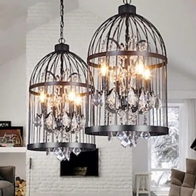 Industrial 13.78 4 Lights Pendant Retro Chandelier Vintage Ceiling Light lamp Bird Cage Shaped Bedroom Pendant Hanging Lighting Fixture with Crystal Accent in Black Finish Lightinthebox