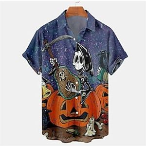 Men's Shirt Skull Letter Turndown Blue Short Sleeves 3D Print Outdoor Halloween Button-Down Print Tops Fashion Designer Casual Breathable / Summer / Spring / Summer miniinthebox