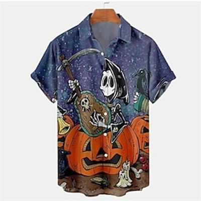 Men's Shirt Skull Letter Turndown Blue Short Sleeves 3D Print Outdoor Halloween Button-Down Print Tops Fashion Designer Casual Breathable / Summer / Spring / Summer miniinthebox