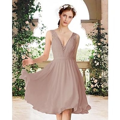 A-Line Bridesmaid Dress V Neck Sleeveless Elegant Knee Length Chiffon  Lace with Pleats 2022 Lightinthebox