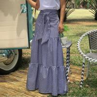 Celmia Ms. Plaid Slim Long Skirt European-American Style Bohemian Holiday Style High Waist Bandage Pleated Stitching Fashion Loose Casual Long Skirt