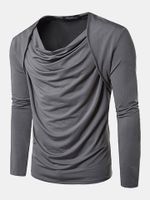 Mens Stylish Solid Color Fake Two Pieces Pile Heap Collar Long Sleeve Casual Cotton T-shirt