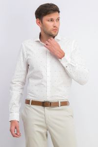 Mens Long Sleeves Printed Slim Fit  Dress Shirt  White