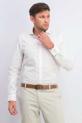 Mens Long Sleeves Printed Slim Fit  Dress Shirt  White
