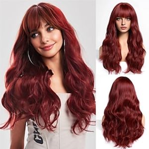 Burgundy Wig with Bangs Red Wavy Wigs for Women,Long Wavy Wig with Bangs,Curly Natural Looking Synthetic Heat Resistant Fiber Wig for Party Cosplay Daily Use 26IN… Christmas Party Wigs Lightinthebox