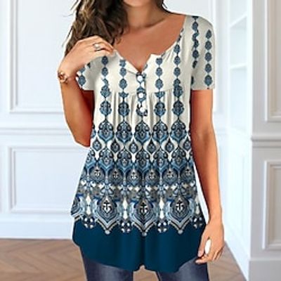 Women's T shirt Tee Tunic Green Blue Pink Graphic Button Print Short Sleeve Casual Weekend Basic V Neck Long Painting S Lightinthebox