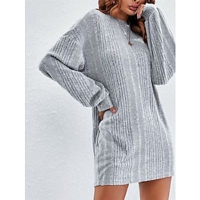 Women's Sweater Dress Casual Dress Winter Dress Mini Dress Ribbed Outdoor Street Daily Fashion Streetwear Crew Neck Long Sleeve 2023 Loose Fit Gray Color S M L Size Lightinthebox