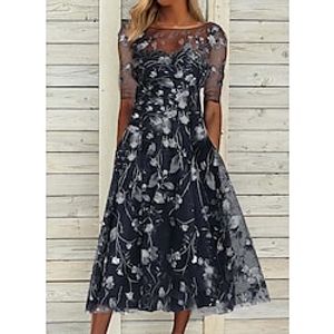 Women's Party Dress Midi Dress Green Black Blue Half Sleeve Floral Mesh Fall Spring Autumn Crew Neck 2022 S M L XL XXL Lightinthebox