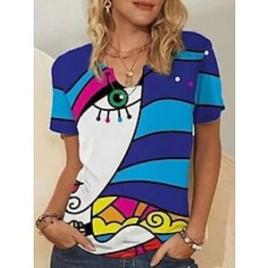 Women's Casual Weekend Painting T shirt Tee Graphic Portrait Short Sleeve Print V Neck Basic Tops Blue S  3D Print Lightinthebox