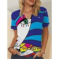 Women's Casual Weekend Painting T shirt Tee Graphic Portrait Short Sleeve Print V Neck Basic Tops Blue S  3D Print Lightinthebox - thumbnail