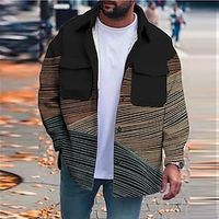 Stripe Geometry Casual Men's Shirt Shirt Jacket Shacket Daily Wear Going out Weekend Fall  Winter Turndown Long Sleeve Brown, Gray S, M, L Polar Fleece Shirt Lightinthebox - thumbnail