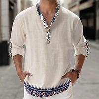 Tribal Bandana Print Tribal Men's Shirt Linen Shirt Daily Wear Vacation Going out Spring Fall Stand Collar Long Sleeve White, Blue, Khaki S, M, L Slub Fabric Shirt Lightinthebox