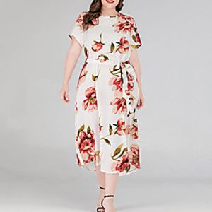 Women's Plus Size Dress A Line Dress Midi Dress Short Sleeve Floral Lace up Print Casual Fall Gray White Navy Blue XL XXL 3XL 4XL miniinthebox