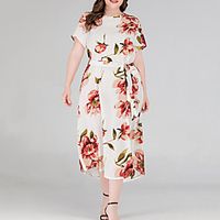 Women's Plus Size Dress A Line Dress Midi Dress Short Sleeve Floral Lace up Print Casual Fall Gray White Navy Blue XL XXL 3XL 4XL miniinthebox - thumbnail