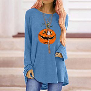 Women's Halloween Painting T shirt Graphic Pumpkin Long Sleeve Print Round Neck Basic Halloween Tops Cotton Blue Wine White Lightinthebox
