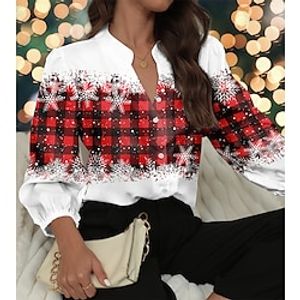 Christmas Shirt Women's Blouse Plaid Snowflake Yellow Red Blue Button Print Long Sleeve Christmas Casual Festival  Holiday Standing Collar Regular Fit Spring   Fall Lightinthebox