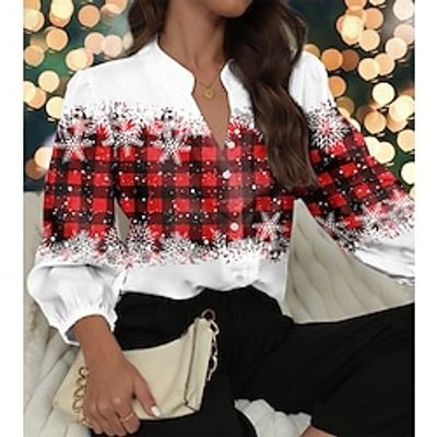 Christmas Shirt Women's Blouse Plaid Snowflake Yellow Red Blue Button Print Long Sleeve Christmas Casual Festival  Holiday Standing Collar Regular Fit Spring   Fall Lightinthebox