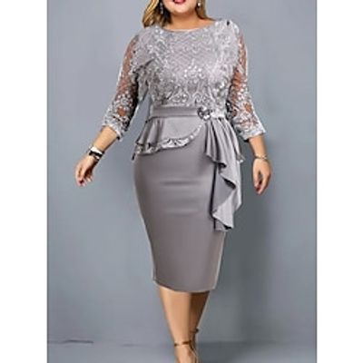 Women's Plus Size Party Dress Floral Crew Neck Lace 34 Length Sleeve Winter Fall Stylish Elegant Mature Midi Dress Formal Party Dress Lightinthebox