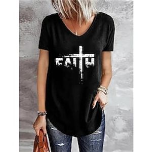 Women's T shirt Tee Green Blue Black Letter Print Short Sleeve Casual Daily Basic V Neck Regular Loose Fit S Lightinthebox