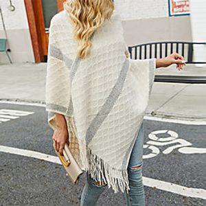 Women's Cloak / Capes Sweater Classic Style Stripes Basic Casual Long Sleeve Loose Sweater Cardigans High Neck Fall Winter Wine Red Grey khaki / Holiday miniinthebox