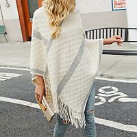 Women's Cloak / Capes Sweater Classic Style Stripes Basic Casual Long Sleeve Loose Sweater Cardigans High Neck Fall Winter Wine Red Grey khaki / Holiday miniinthebox - thumbnail