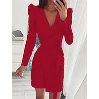 Women's Party Dress Christmas Cocktail Dress Wedding Guest Dress Midi Dress Red Long Sleeve Pure Color Lace up Spring Fall Winter V Neck Fashion Christmas Wedding Guest XXL Lightinthebox - thumbnail