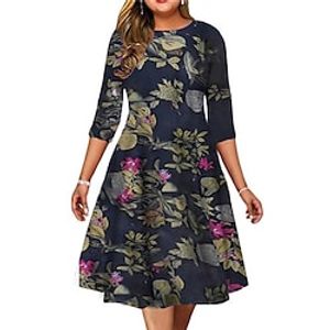 Women's Plus Size Holiday Dress Floral Crew Neck Print 34 Length Sleeve Fall Spring Work Midi Dress Daily Vacation Dress Lightinthebox