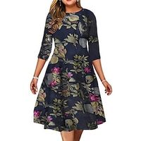 Women's Plus Size Holiday Dress Floral Crew Neck Print 34 Length Sleeve Fall Spring Work Midi Dress Daily Vacation Dress Lightinthebox - thumbnail