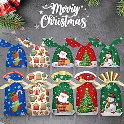 10/30/50pcs, Christmas Bundle Pocket Ribbon Drawstring Bag Rabbit Ears Gift Bag Packaging Bag Candy Bag, Christmas Decorations, Small Business Supplies, Food Packaging Bag, Packaging Bag miniinthebox