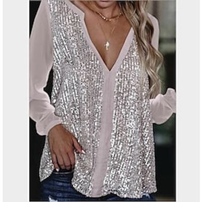 Women's Shirt Blouse Champagne Gold Black Pink Plain Sequins Long Sleeve Casual Basic V Neck Regular S Lightinthebox