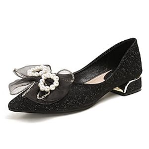 Women's Flats Formal Shoes Dress Shoes Plus Size Bowknot Pearl Low Heel Pointed Toe Closed Toe Elegant Sweet Daily Office Satin Loafer Spring Summer Solid Colored Black Gold Lightinthebox