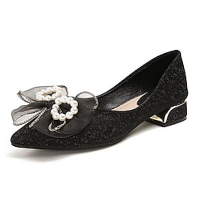 Women's Flats Formal Shoes Dress Shoes Plus Size Bowknot Pearl Low Heel Pointed Toe Closed Toe Elegant Sweet Daily Office Satin Loafer Spring Summer Solid Colored Black Gold Lightinthebox