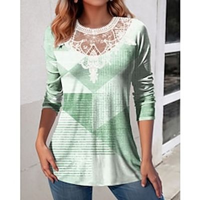 Women's Shirt Blouse Geometric Pink Blue Purple Print Lace Patchwork Long Sleeve Casual Fashion Round Neck Regular Fit Spring   Fall Lightinthebox