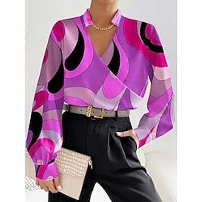 Women's Shirt Blouse Graphic Work Purple Orange Green Print Long Sleeve Fashion V Neck Regular Fit Spring   Fall Lightinthebox