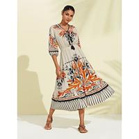 Women's Print Dress Midi Dress Orange 3/4 Length Sleeve Folk Tassel Fringe Printing Spring Summer Lace Up Neck Vacation Dress S M L Lightinthebox