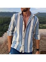 Men's Cotton Linen Vintage Stripe Chest Pocket Long Sleeve Shirt