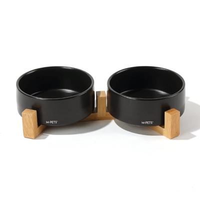 M-Pets Opera Ceramic Bowls With Bamboo Stand Black 2X350ml M-Pets Opera Ceramic Bowls With Bamboo Stand Black 2X350ml