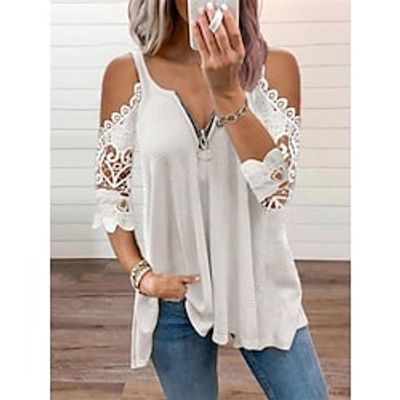Women's Pullover Sweater Jumper Jumper Waffle Knit Zipper Lace Trims Pure Color V Neck Stylish Casual Outdoor Daily Summer Spring Black White S M L Lightinthebox