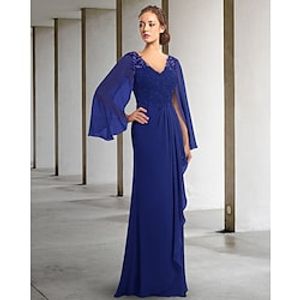 Sheath  Column Mother of the Bride Dress Elegant V Neck Floor Length Chiffon Lace Sleeveless with Draping Appliques 2022 Lightinthebox