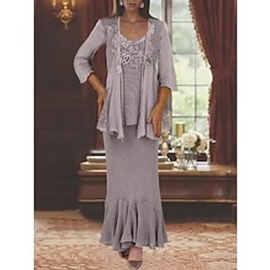 Two Piece Mermaid  Trumpet Mother of the Bride Dress Formal Wedding Guest Elegant Casual Scoop Neck Ankle Length Lace Linen  Cotton Blend Half Sleeve Jacket Dresses with Appliques 2023 Lightinthebox