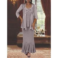 Two Piece Mermaid  Trumpet Mother of the Bride Dress Formal Wedding Guest Elegant Casual Scoop Neck Ankle Length Lace Linen  Cotton Blend Half Sleeve Jacket Dresses with Appliques 2023 Lightinthebox - thumbnail